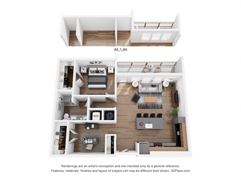 a stylized 3d floor plan with a bedroom and a living room